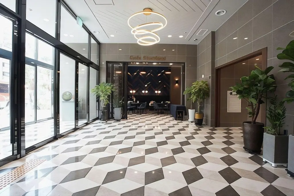 Ground-floor lobby and cafe entrance